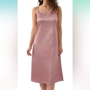 XINTIANJI Women's Satin Silky Full Slip Midi Loose Dress V-Neck Sexy Cami Pink L